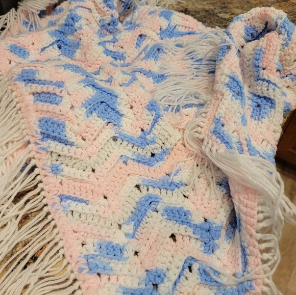 Blue, pink, and white baby Afghan hand-made with Fringe - Picture 6 of 7